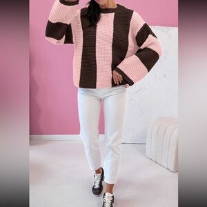 1113. Striped Colorblock thermal wide sleeve sweater pink brown